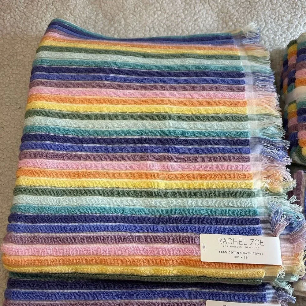 Rachel Zoe Bath Towel Set Rainbow Stripe Pattern Fringe NWT